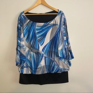 Timeline Blue & White Open Arm Dolman Blouse